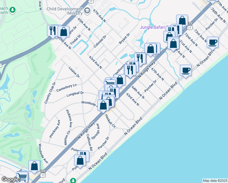 map of restaurants, bars, coffee shops, grocery stores, and more near 6105 North Kings Highway in Myrtle Beach