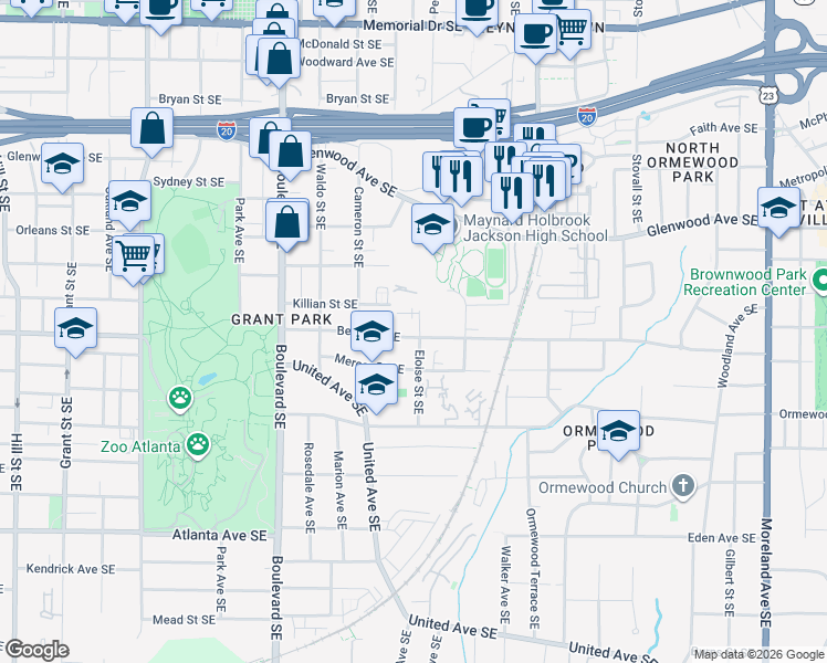 map of restaurants, bars, coffee shops, grocery stores, and more near 744 Berne St SE in Atlanta