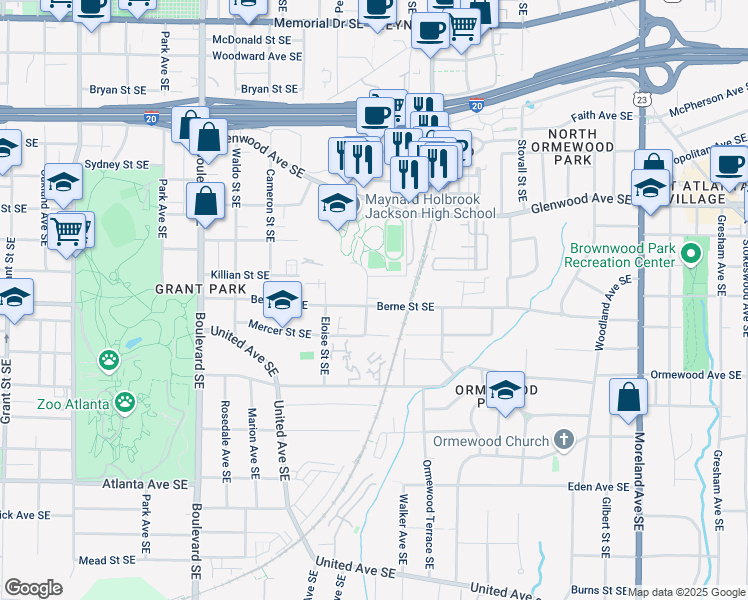 map of restaurants, bars, coffee shops, grocery stores, and more near 816 Berne Street Southeast in Atlanta