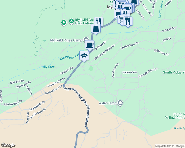 map of restaurants, bars, coffee shops, grocery stores, and more near 53962 Marian View Drive in Idyllwild-Pine Cove