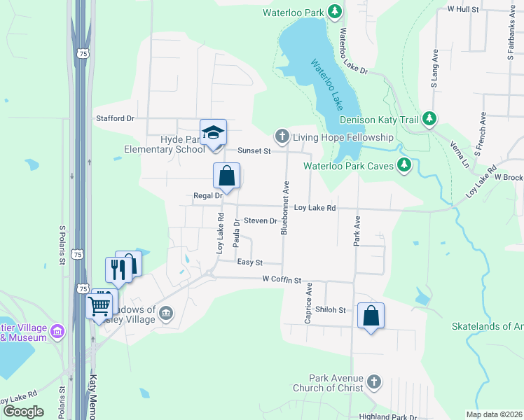 map of restaurants, bars, coffee shops, grocery stores, and more near 2529 Steven Drive in Denison