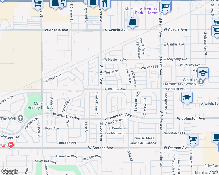 map of restaurants, bars, coffee shops, grocery stores, and more near 1580 West Whittier Avenue in Hemet
