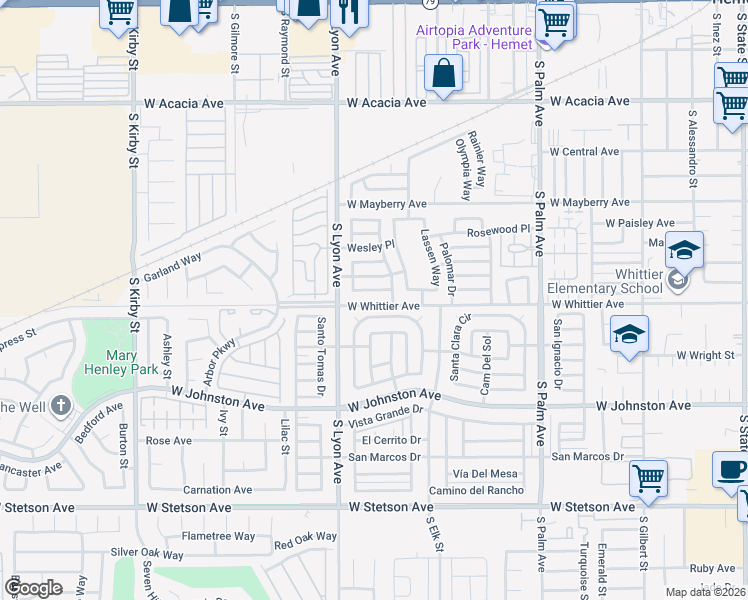 map of restaurants, bars, coffee shops, grocery stores, and more near 390 San Mateo Circle in Hemet