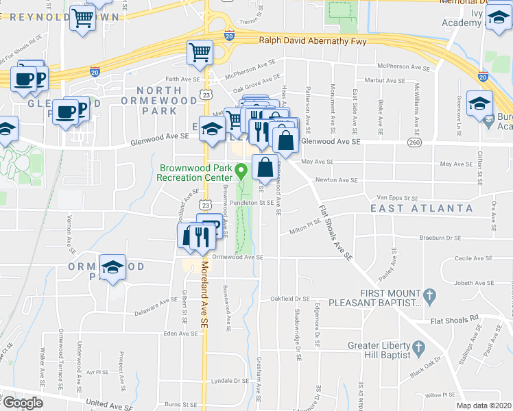 map of restaurants, bars, coffee shops, grocery stores, and more near 643 Gresham Avenue Southeast in Atlanta