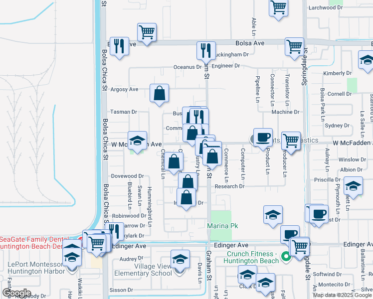 map of restaurants, bars, coffee shops, grocery stores, and more near 15552 Container Lane in Huntington Beach