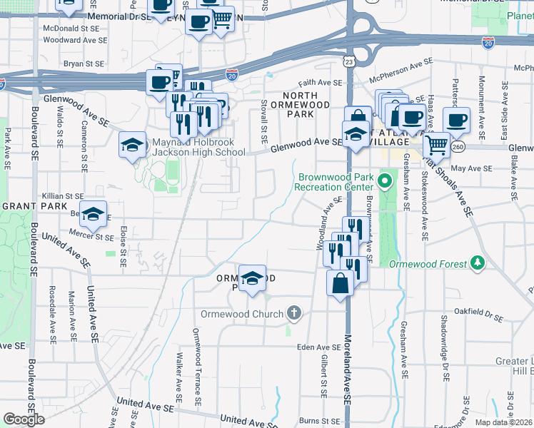 map of restaurants, bars, coffee shops, grocery stores, and more near 1018 Berne Street Southeast in Atlanta