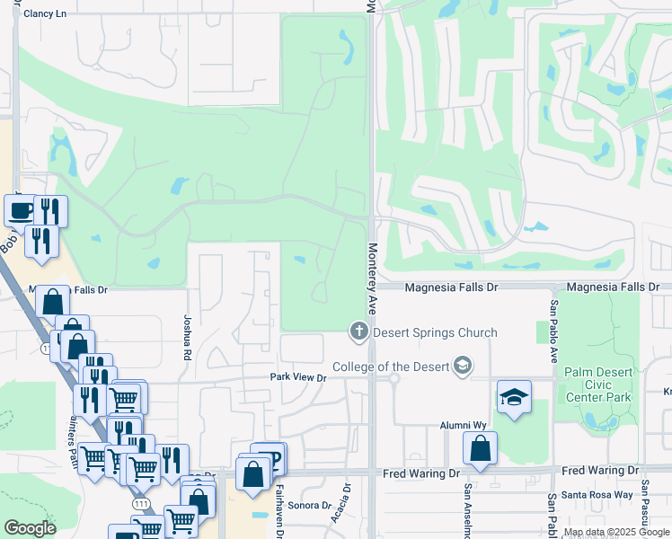map of restaurants, bars, coffee shops, grocery stores, and more near 34 Durango Circle in Rancho Mirage