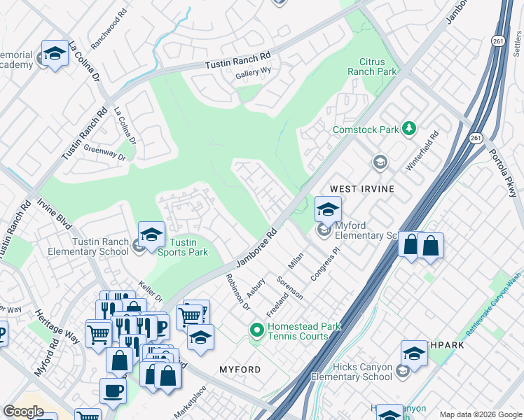 map of restaurants, bars, coffee shops, grocery stores, and more near 2971 West Bradley Place in Tustin