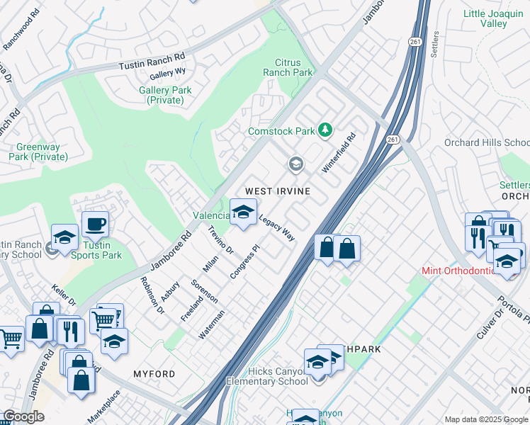 map of restaurants, bars, coffee shops, grocery stores, and more near 70 Declaration Place in Irvine