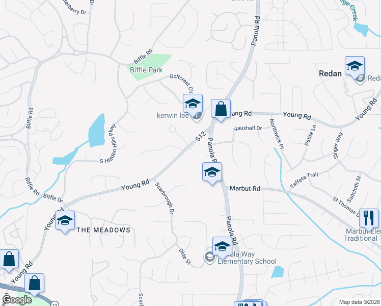 map of restaurants, bars, coffee shops, grocery stores, and more near 2218 Young Road in Stone Mountain