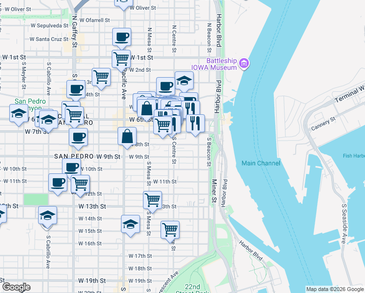 map of restaurants, bars, coffee shops, grocery stores, and more near 279 West 8th Street in Los Angeles