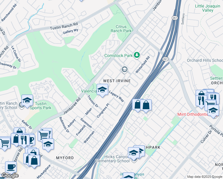 map of restaurants, bars, coffee shops, grocery stores, and more near 70 Declaration Place in Irvine