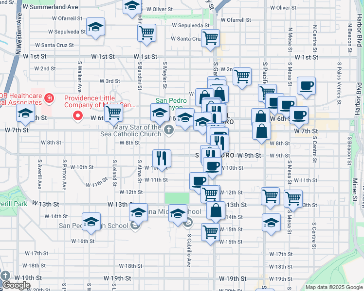 map of restaurants, bars, coffee shops, grocery stores, and more near 829 West 8th Street in Los Angeles