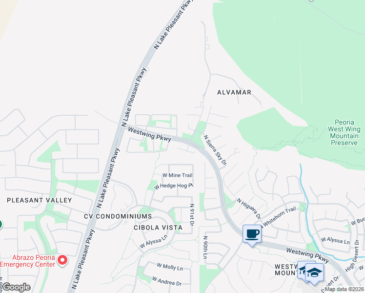 map of restaurants, bars, coffee shops, grocery stores, and more near 9132 West Plum Road in Peoria