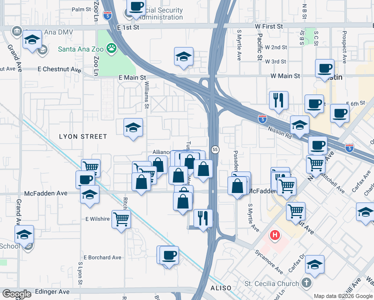 map of restaurants, bars, coffee shops, grocery stores, and more near 15601 Tustin Village Way in Tustin