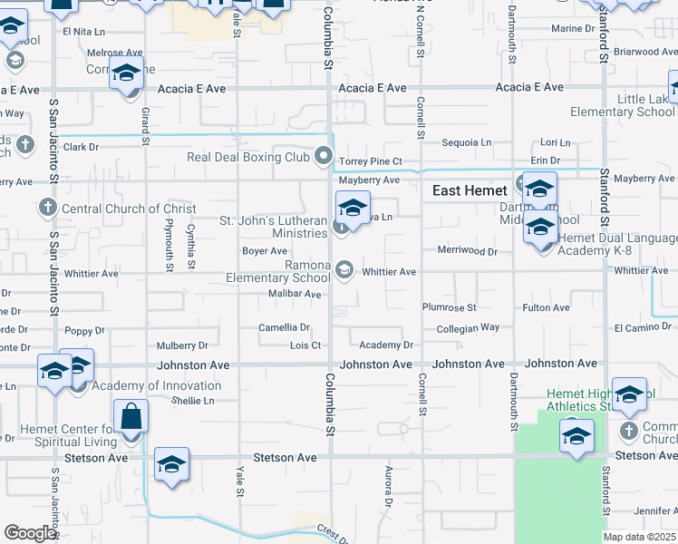 map of restaurants, bars, coffee shops, grocery stores, and more near 41051 East Whittier Avenue in Hemet