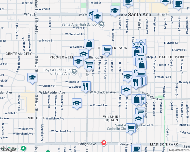 map of restaurants, bars, coffee shops, grocery stores, and more near 805 South Garnsey Street in Santa Ana