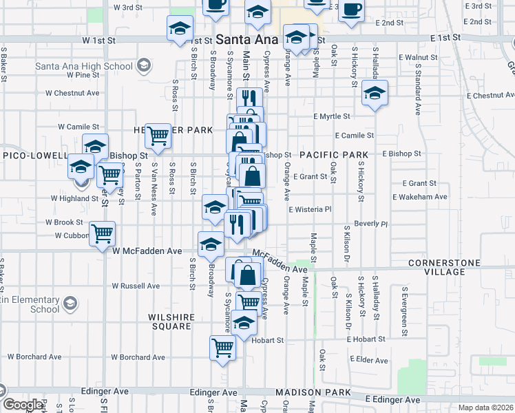 map of restaurants, bars, coffee shops, grocery stores, and more near 931 South Main Street in Santa Ana