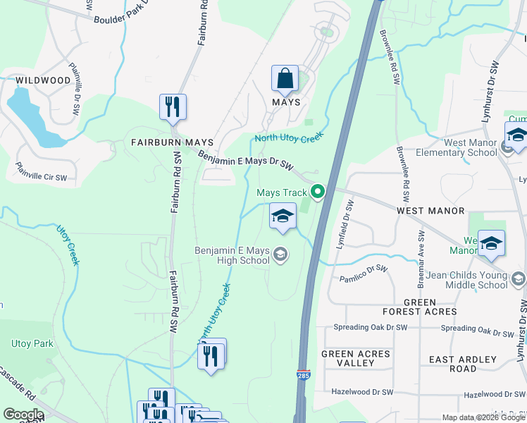 map of restaurants, bars, coffee shops, grocery stores, and more near Benjamin E Mays Drive Southwest in Atlanta