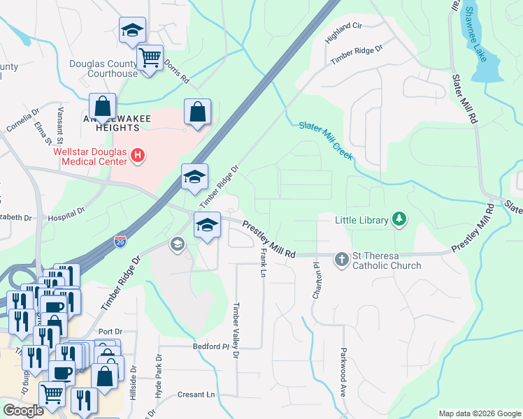 map of restaurants, bars, coffee shops, grocery stores, and more near 9038 Bond Street in Douglasville