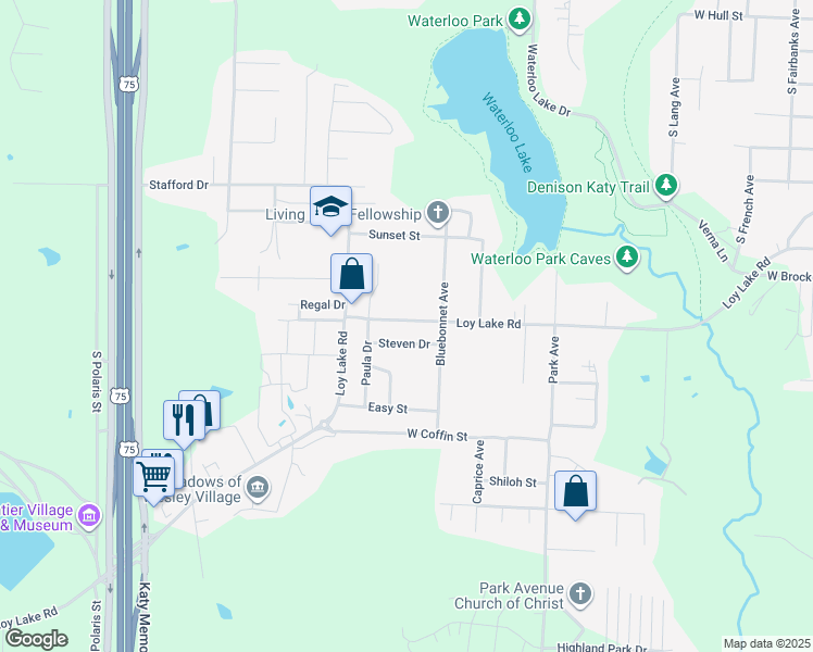 map of restaurants, bars, coffee shops, grocery stores, and more near 2524 Loy Lake Road in Denison