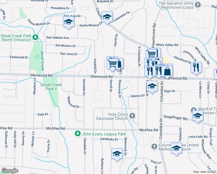 map of restaurants, bars, coffee shops, grocery stores, and more near 1857 Derrill Drive in Decatur