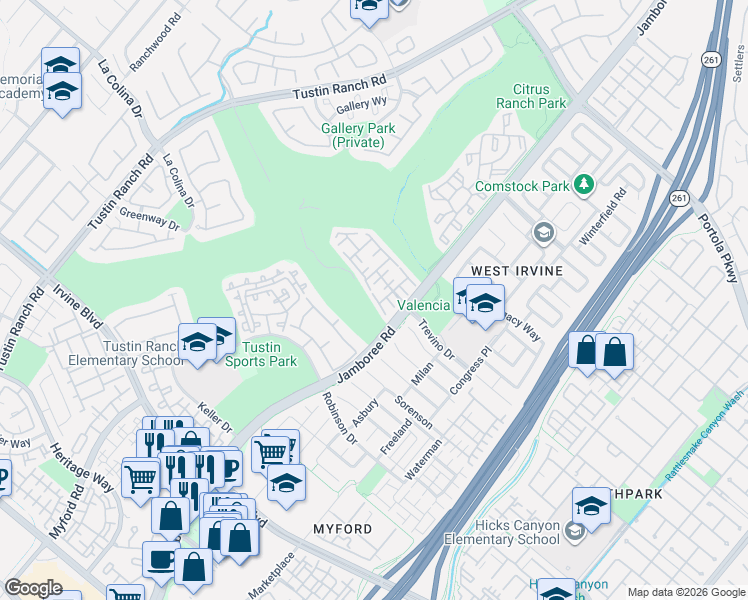 map of restaurants, bars, coffee shops, grocery stores, and more near 3001 East Bradley Place in Tustin