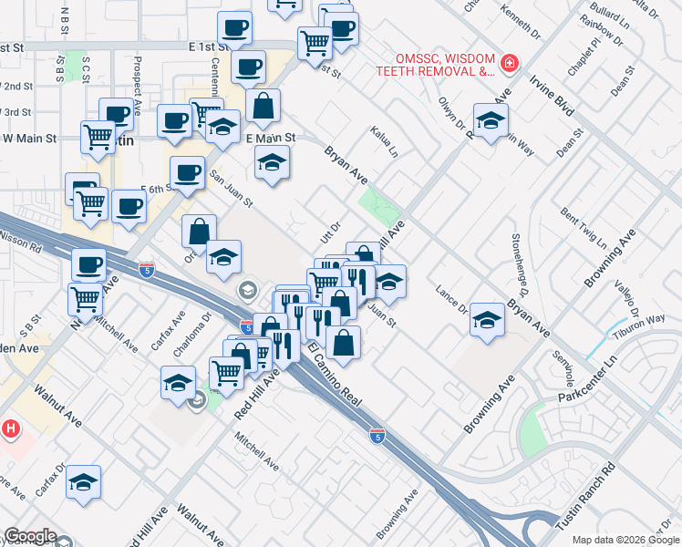 map of restaurants, bars, coffee shops, grocery stores, and more near in Tustin