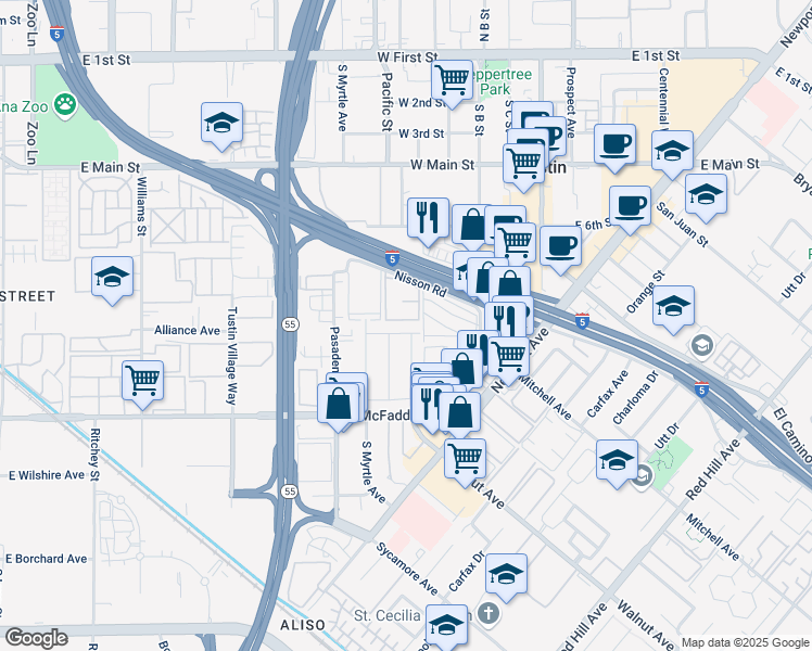 map of restaurants, bars, coffee shops, grocery stores, and more near 15622 Pacific Street in Tustin