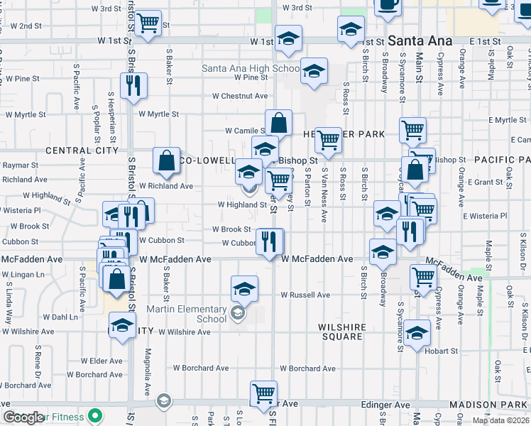 map of restaurants, bars, coffee shops, grocery stores, and more near 926 West Highland Street in Santa Ana