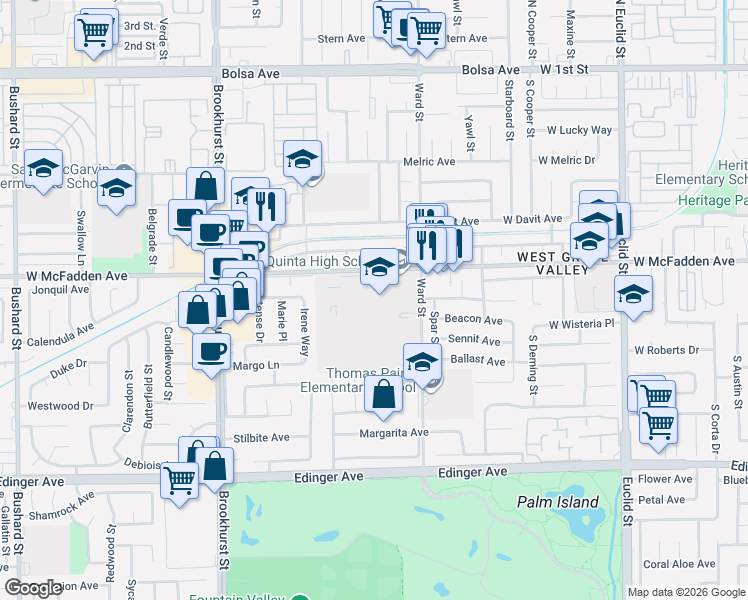 map of restaurants, bars, coffee shops, grocery stores, and more near 10372 McFadden Avenue in Westminster