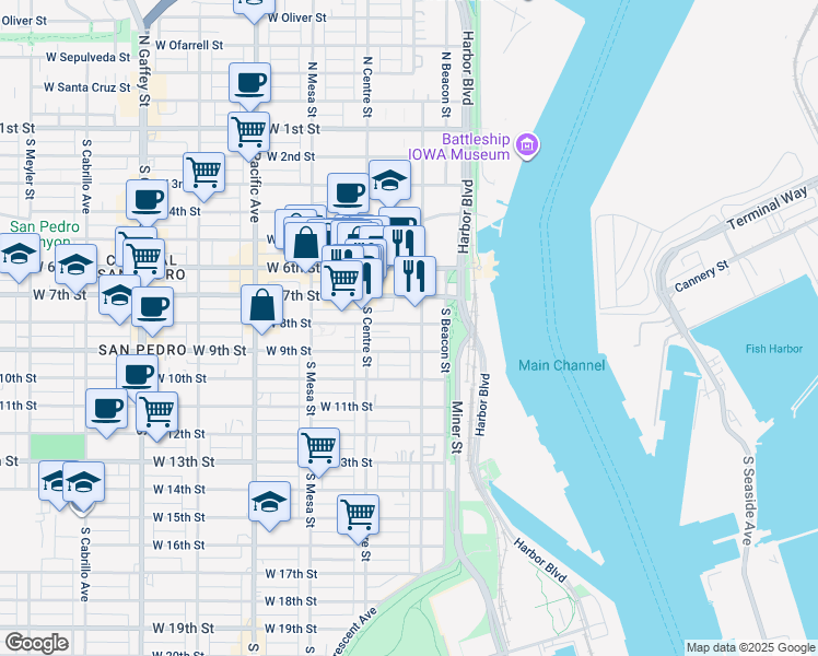 map of restaurants, bars, coffee shops, grocery stores, and more near 247 West 8th Street in Los Angeles