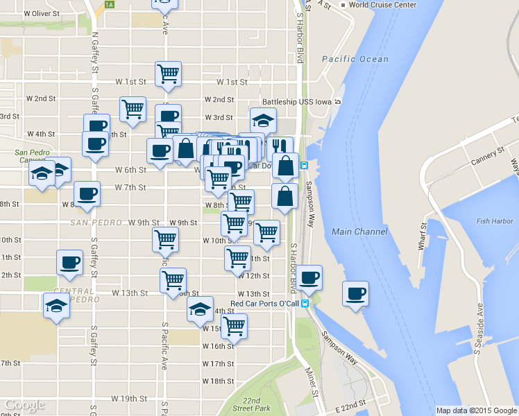 map of restaurants, bars, coffee shops, grocery stores, and more near 247 West 8th Street in Los Angeles