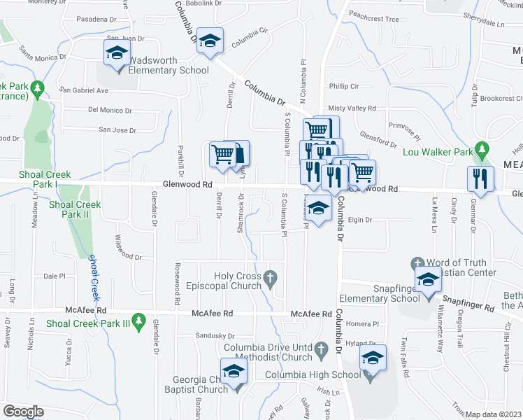 map of restaurants, bars, coffee shops, grocery stores, and more near 3937 Glenwood Road in Decatur