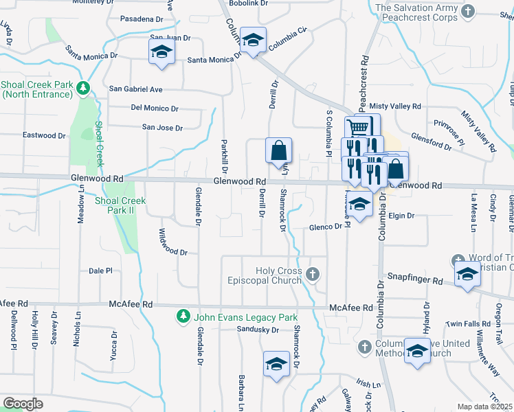 map of restaurants, bars, coffee shops, grocery stores, and more near 1857 Derrill Drive in Decatur