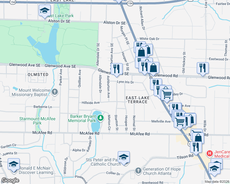 map of restaurants, bars, coffee shops, grocery stores, and more near 1884 Stanton Street in Decatur
