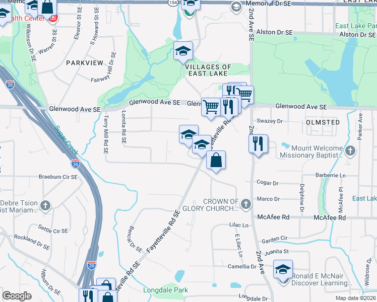 map of restaurants, bars, coffee shops, grocery stores, and more near 735 Fayetteville Road Southeast in Atlanta