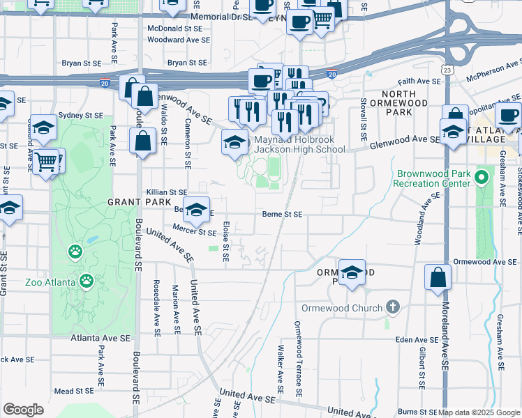 map of restaurants, bars, coffee shops, grocery stores, and more near 816 Berne Street Southeast in Atlanta