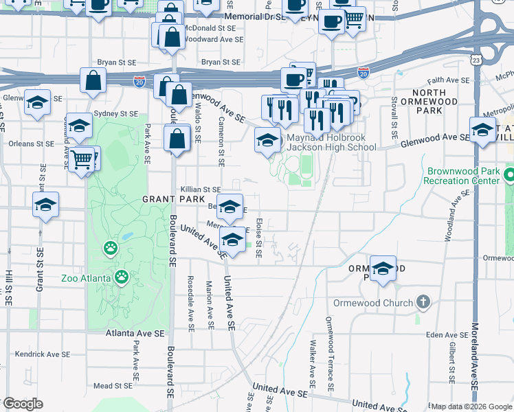 map of restaurants, bars, coffee shops, grocery stores, and more near 744 Berne Street Southeast in Atlanta