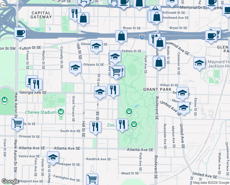 map of restaurants, bars, coffee shops, grocery stores, and more near in Atlanta