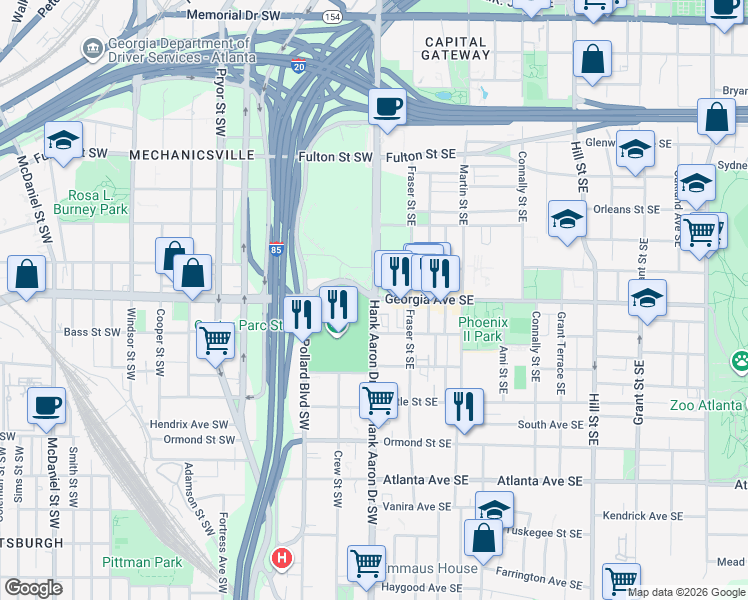 map of restaurants, bars, coffee shops, grocery stores, and more near in Atlanta