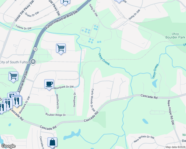 map of restaurants, bars, coffee shops, grocery stores, and more near 1160 Carlo Woods Drive Southwest in Atlanta