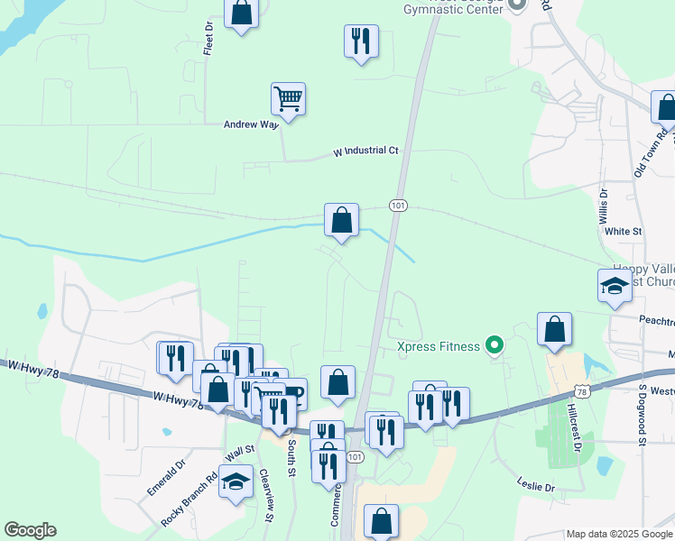 map of restaurants, bars, coffee shops, grocery stores, and more near 54 Leggett Drive in Villa Rica