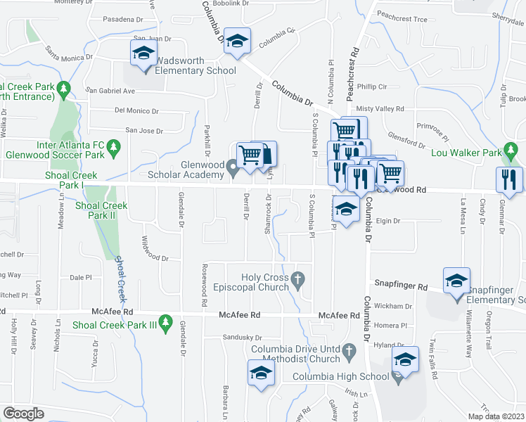 map of restaurants, bars, coffee shops, grocery stores, and more near 1855 Shamrock Drive in Decatur