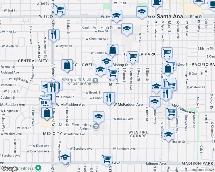 map of restaurants, bars, coffee shops, grocery stores, and more near 926 West Highland Street in Santa Ana