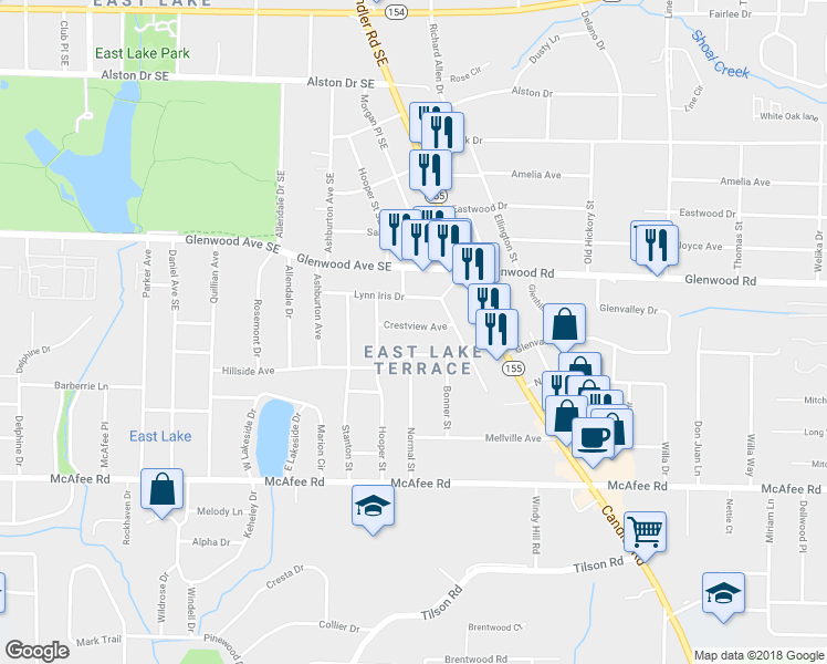 map of restaurants, bars, coffee shops, grocery stores, and more near 2447 Crestview Avenue in Decatur
