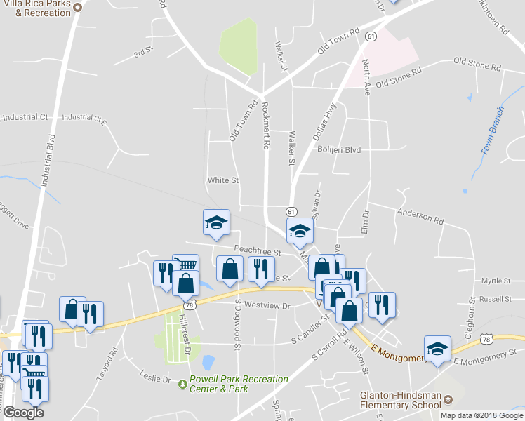 map of restaurants, bars, coffee shops, grocery stores, and more near 702 Magnolia Street in Villa Rica