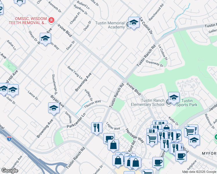 map of restaurants, bars, coffee shops, grocery stores, and more near 2201 Palermo in Tustin