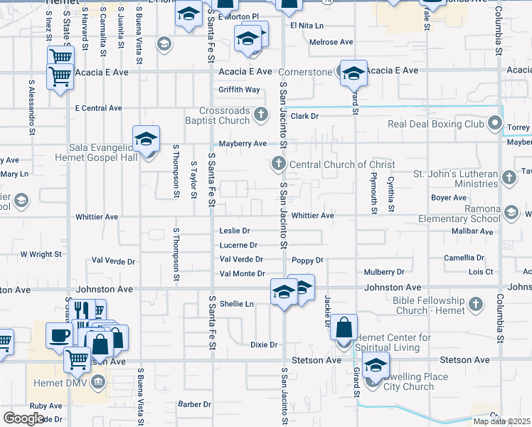 map of restaurants, bars, coffee shops, grocery stores, and more near 1210 Whittier Avenue in Hemet