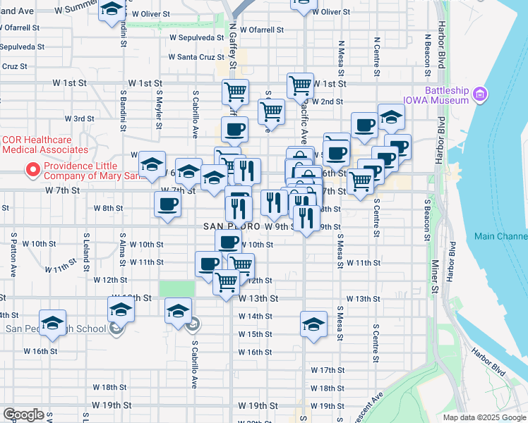 map of restaurants, bars, coffee shops, grocery stores, and more near 601 West 8th Street in Los Angeles